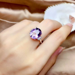 天然紫水晶戒指女S925纯银时尚个性简约紫宝石开口指环韩版送女友