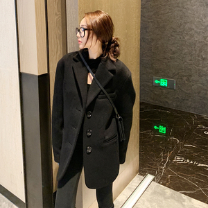 韩系呢子大衣黑色羊毛西装外套女冬加厚宽松中长款阔肩西服小个子