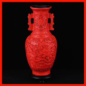 扬州漆器双耳龙花瓶摆件装饰品剔红雕漆脱胎工艺品仿古特色礼物