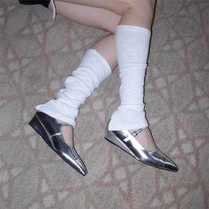 真皮2024年新款法式气质名媛银色尖头坡跟高跟鞋浅口玛丽珍单鞋女
