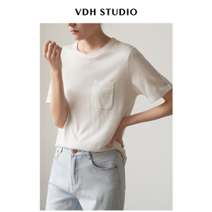 VDH STUDIO 蚕丝+羊绒舒适圆领短袖针织衫女夏季通勤白色t恤上衣