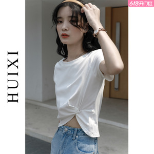 「HUIXI」交叉打结白色短袖t恤女2024年新款夏季显瘦修身短款上衣