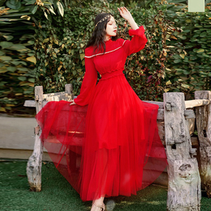170高个子女生长裙及踝到脚踝超长款夏高级感红色纱裙连衣裙超仙
