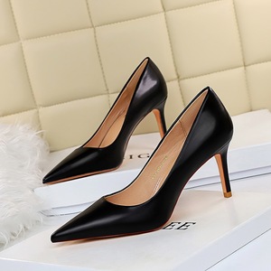 8cm高跟鞋细跟职业哑光皮鞋简单黑色软皮正装面试尖头单鞋女2021