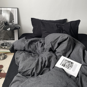 黑色绅士纯色条纹简约纯棉床上四件套全棉床单被套被罩床笠款床品