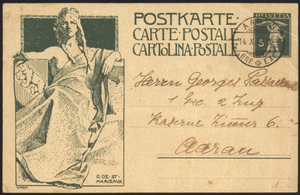 ZGD064 瑞士1909 实寄邮资片图守护女神海尔淮蒂亚 威廉退尔之子