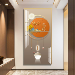 福鹿圆满 轻奢玄关装饰画客厅过道挂画现代简约竖版入户走廊壁画