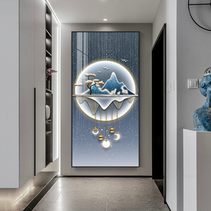 玄关装饰画现代简约入户走廊过道壁画轻奢大气蓝色正对门竖版挂画