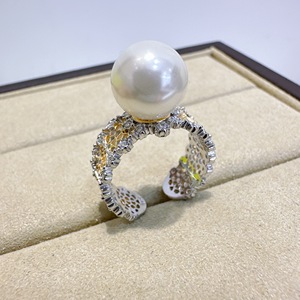 DIY珍珠配件S925纯银镀双色蜂窝镶锆石开口可调戒指空托 7.5-10mm