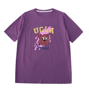 【批 】慵懒感小熊头印花绛紫色圆领套头宽松短袖t恤女学生夏装