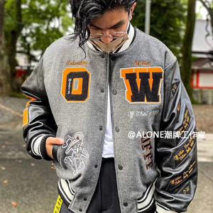 off棒球服男女2021秋冬新款潮牌ow高街皮质拼接刺绣宽松外套夹克