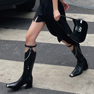 006人付款淘宝超高跟长筒靴女真皮链条珍珠厚底松糕小个子帅气炸街高