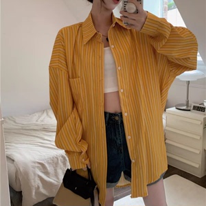 黄色条纹衬衫外套女夏季新款宽松大码阔型oversize薄款防晒上衣潮