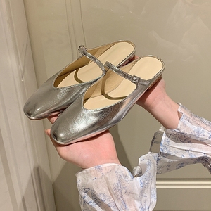 法式小众包头半拖鞋女夏外穿低跟2024平底银色一字带玛丽珍穆勒鞋