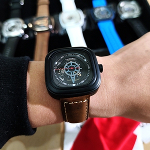 官网七个正品星期天五手表方形机械表男士款真皮皮带镂空m2/-02