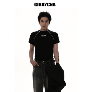 GIBBYCNA 小众修身针织短袖男潮流金属拉链设计感打底衫无性别T恤