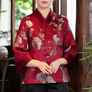 妈妈秋装新款刺绣唐装女装中国风复古绣花短外套红色中式盘扣上衣