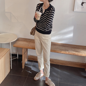 150小个子牛仔裤女2021秋冬新款米白色哈伦直筒宽松显瘦高腰裤子