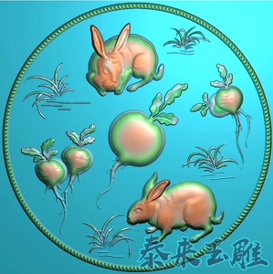 十二生肖 兔子胡萝卜圆牌 精雕图 浮雕玉雕 电脑雕刻 灰度图 jdp