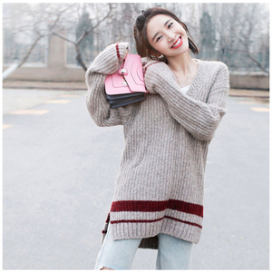 明星唐艺昕同款2020秋冬新款高端条纹针织打底衫中长款慵懒毛衣女