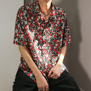 复古港味夏季雪纺短袖印花衬衫男设计小众宽松休闲港风衬衣女薄款