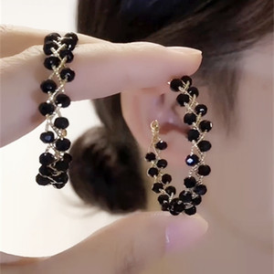 高级感黑色水晶大耳圈小众设计圆形耳环女气质夸张网红圆圈圈耳饰