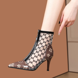 花皮新款真皮凉靴高跟镂空短靴女士夏季薄款春季单靴细跟羊皮网靴