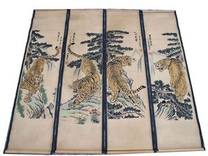 仿古老字画唐伯虎字画古画四虎图古玩国画装饰挂画四条屏