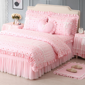 巧致生活 全棉床上四件套公主风床裙款新款床罩被套纯棉床品粉色