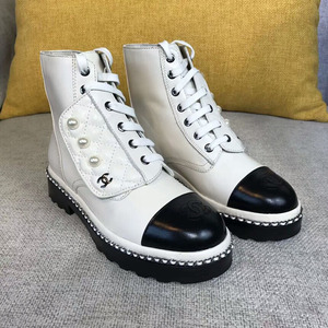 正品代购chanel/香奈儿女鞋新款低跟链条拼色短筒女靴系带马丁靴