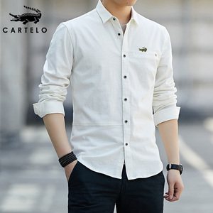 鳄鱼男士衬衫夏季薄款长袖白衬衣日系休闲白色上衣男亚麻简约男装