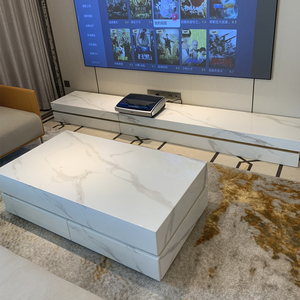 白色大理石地台电视柜整体简约现代可定制简奢钛金不锈钢长条地柜