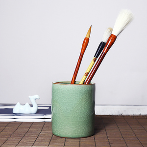 赋比兴毛笔笔筒龙泉青瓷 纯手工陶瓷文房四宝 书法国画用创意中国风多