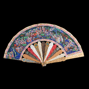 独角鹿西洋古董广东十三行银鎏金累丝烧蓝贝壳檀木双面手绘折扇