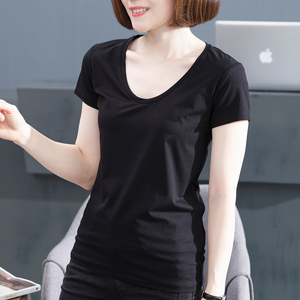 夏季休闲低领半袖上衣体恤衫大码修身显瘦纯黑色莫代尔t恤女短袖