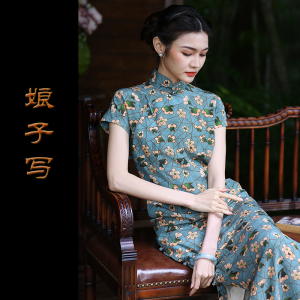 草长莺飞*白领公寓娘子写重磅真丝全开襟连肩长民国日常旗袍夏新