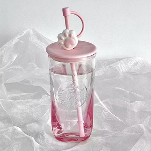 星巴克杯子新款粉色渐变猫爪三角杯玻璃双层隔热吸管杯少女高颜值