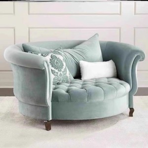 美式客厅卧室休闲椅椭圆形弧形布艺拉扣新古典咖啡厅欧式单人沙发