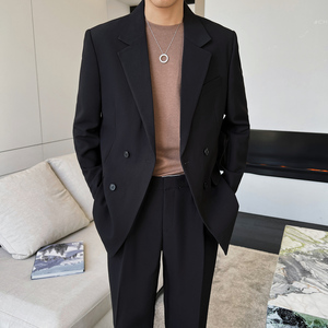 男生双排扣休闲西服垂感男士西装二件套宽松套装新郎结婚礼服痞帅