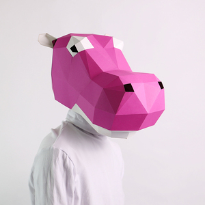 创意粉红河马手工diy 动物折纸纸模头套面具艺术可爱卖萌拍照神器
