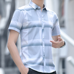 条纹短袖衬衫男韩版修身冰丝棉休闲男生长袖衬衣青年男土长款上衣