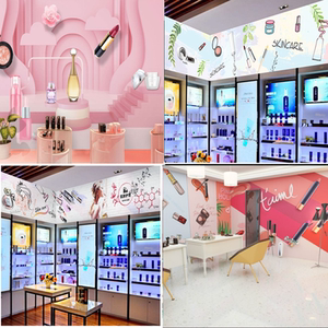 手绘化妆品店直播间背景墙纸 彩妆美容院美甲壁画 洗护肤品店壁纸
