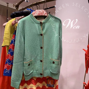 wen英国代购新款gucci女士薄荷绿色金边针织开衫g10