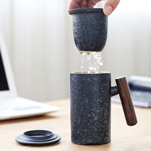 简易粗陶茶具旅行泡茶杯陶瓷带盖过滤办公室用个人防烫马克杯定制