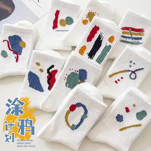 白色袜子女中筒袜ins潮春夏秋季涂鸦日系网红款配鲨鱼裤插画长袜