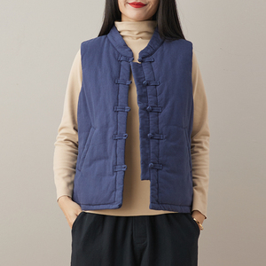 中国风复古盘扣棉麻坎肩加厚棉背心夹棉马甲女冬外穿中式短裤马夹