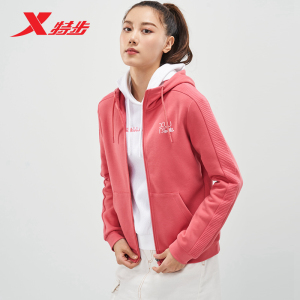 特步运动外套女子2021春秋新款修身显瘦针织上衣女装连帽运动服女