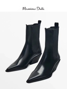 Massimo Duti女鞋2024秋季新款黑色尖头真皮高跟踝靴切尔西短靴