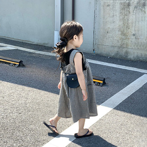 韩国童装套装2024夏季新款女童时髦格子背带阔腿裤＋无袖背心宝宝