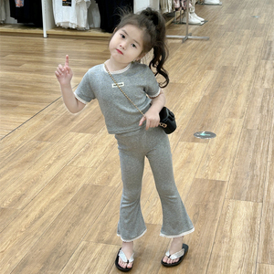 韩国女童夏装套装2024新款儿童洋气短袖T恤喇叭裤宝宝休闲纯棉潮